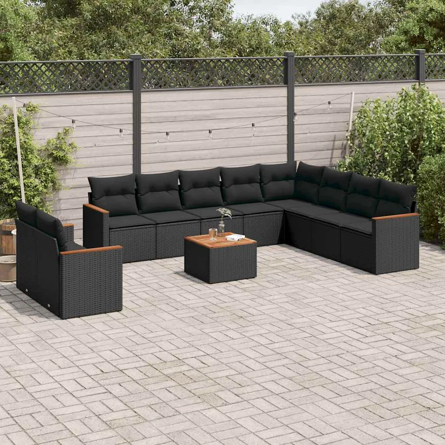 Salon de jardin 11 pcs avec coussins noir résine tressée