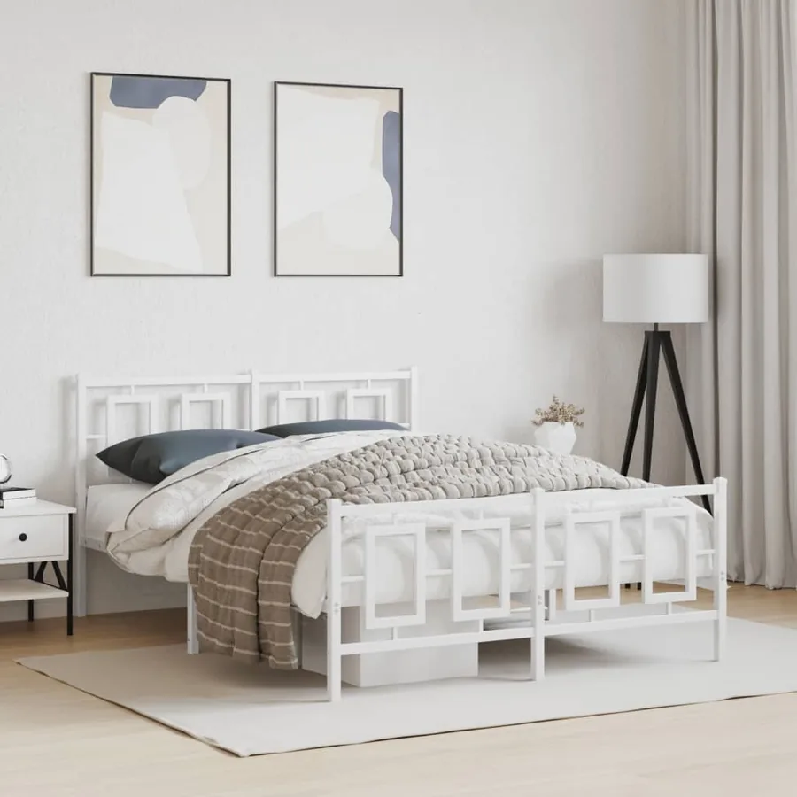 Cadre de lit métal sans matelas et pied de lit blanc 135x190 cm