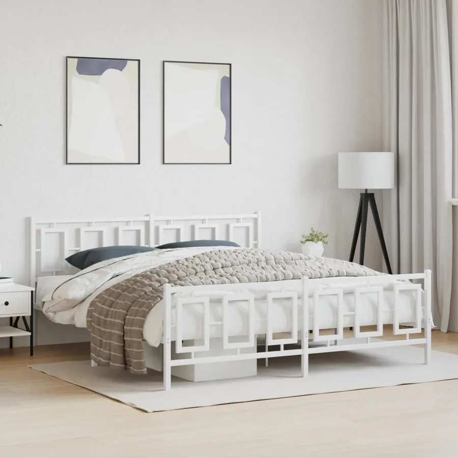 Cadre de lit métal sans matelas et pied de lit blanc 183x213 cm