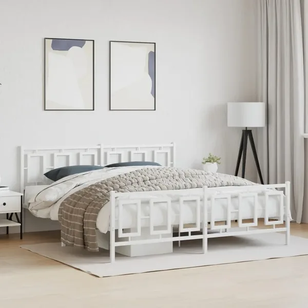 Cadre de lit métal sans matelas et pied de lit blanc 183x213 cm