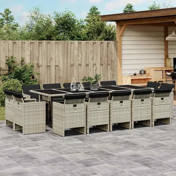Ensemble à manger de jardin et coussins 17 pcs gris clair rotin