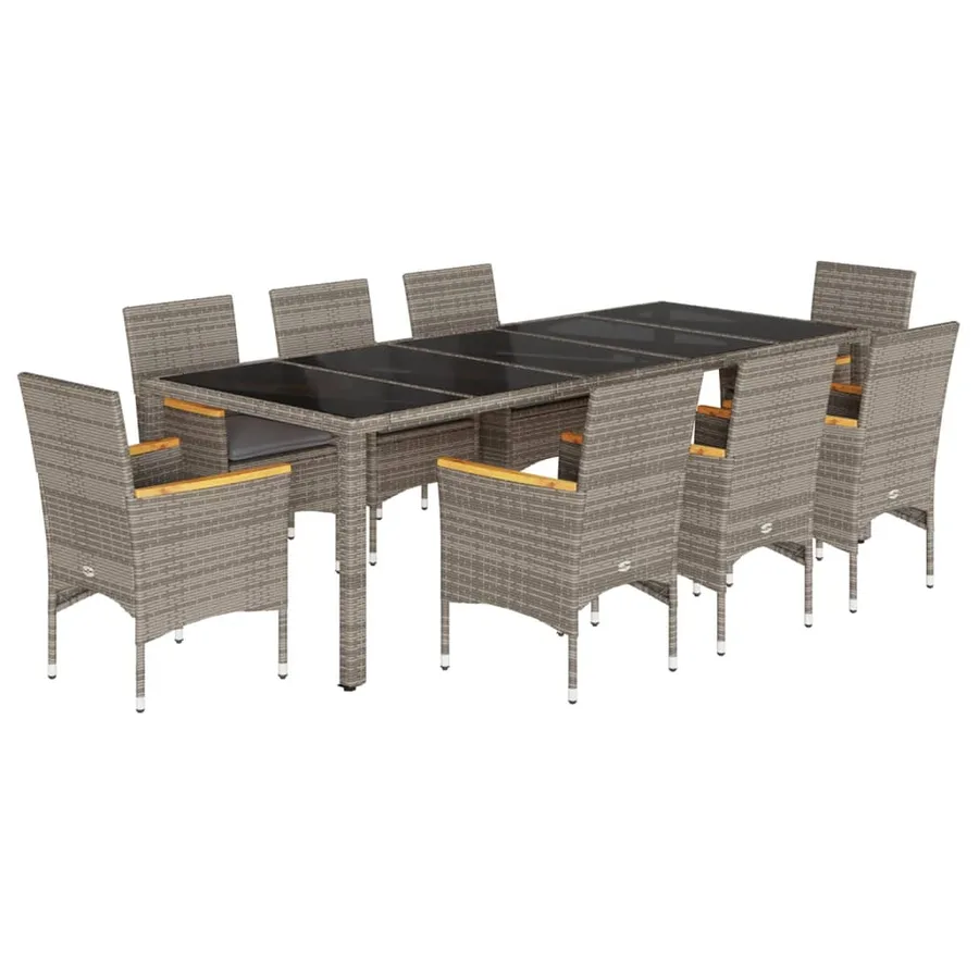 Ensemble à manger de jardin et coussins 9 pcs gris rotin verre - 2