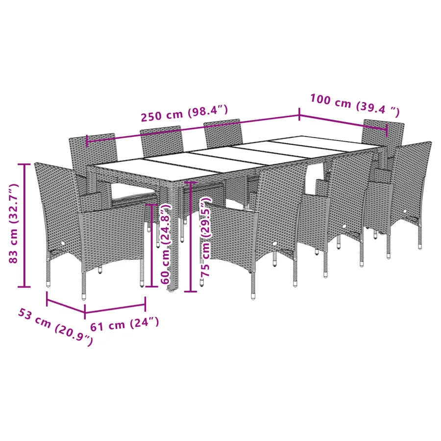 Ensemble à manger de jardin et coussins 9 pcs gris rotin verre - 7