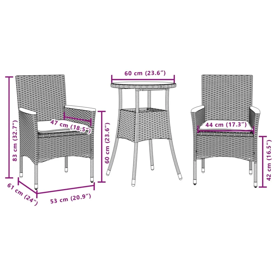 Ensemble à manger de jardin et coussins 3 pcs gris rotin verre - 7