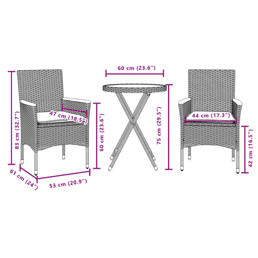 Ensemble de bistro avec coussins 3 pcs gris rotin et acacia - 7