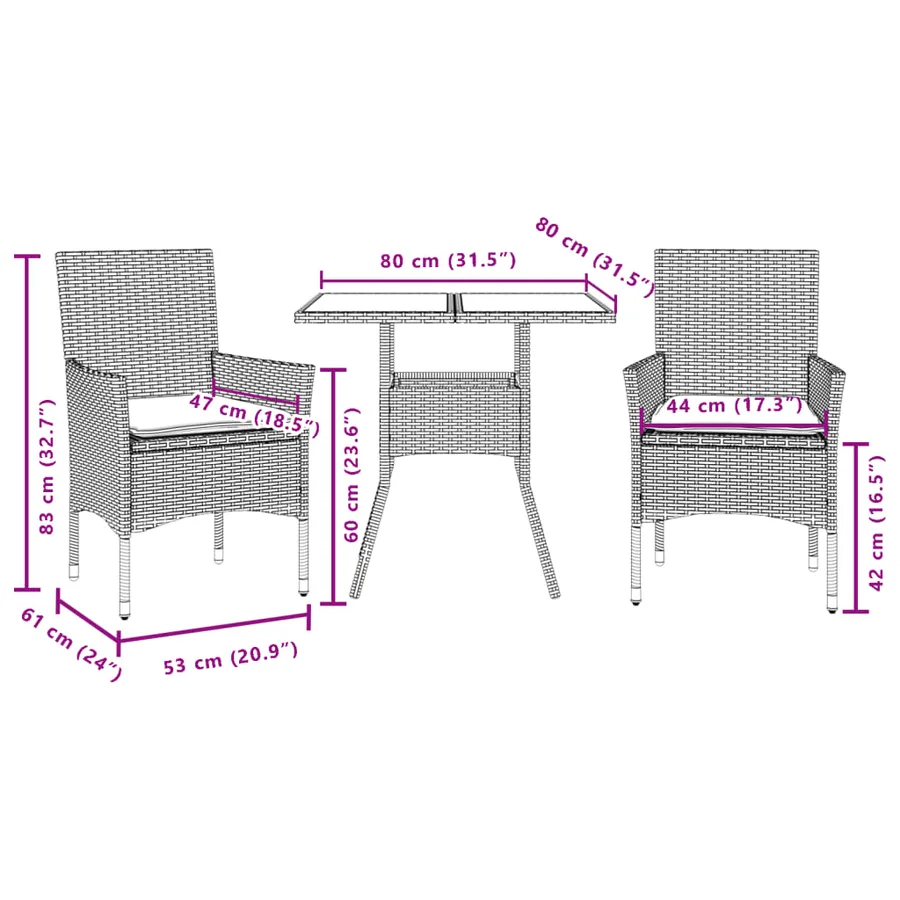 Ensemble à manger de jardin avec coussins 3 pcs rotin et verre - 7
