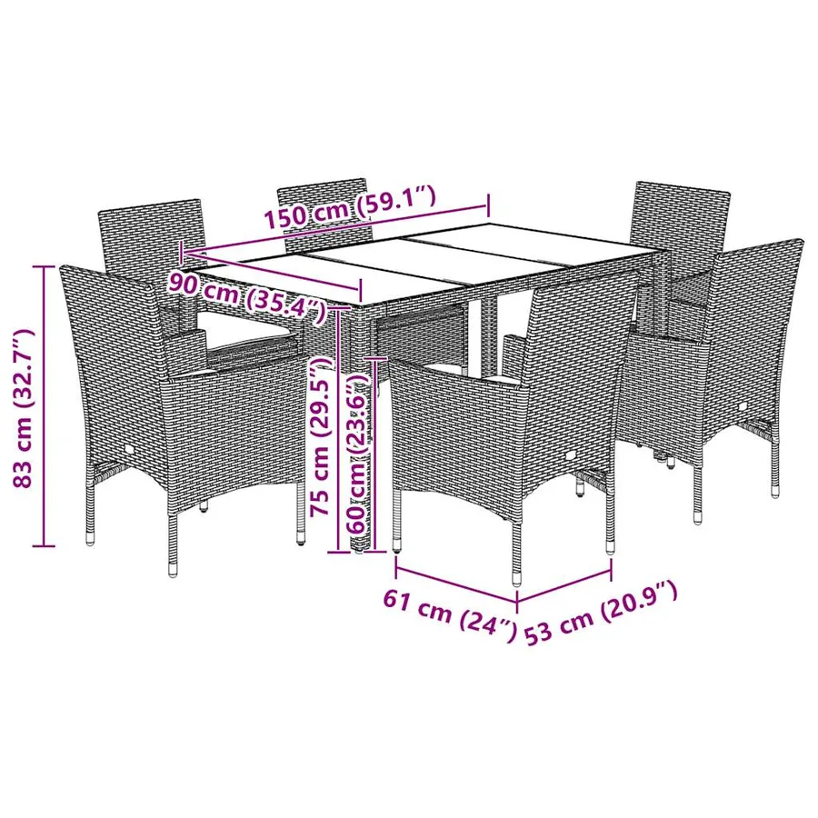 Ensemble à manger de jardin avec coussins 7 pcs rotin et verre - 7