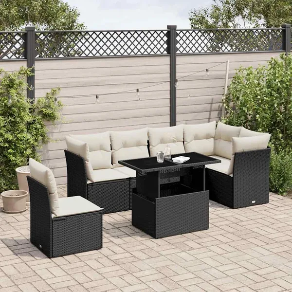 Salon de jardin 7 pcs avec coussins noir résine tressée 62 x 62 x 69 cm - 64,8 kg