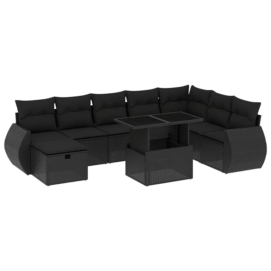 Salon de jardin 9 pcs avec coussins noir résine tressée - 2