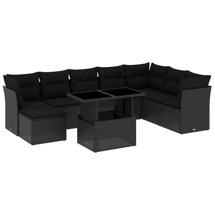Salon de jardin 9 pcs avec coussins noir résine tressée - 2