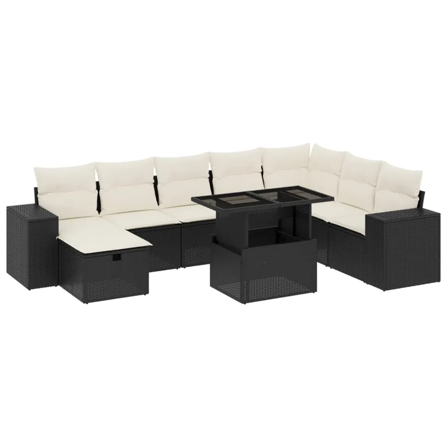 Salon de jardin 9 pcs avec coussins noir résine tressée - 2