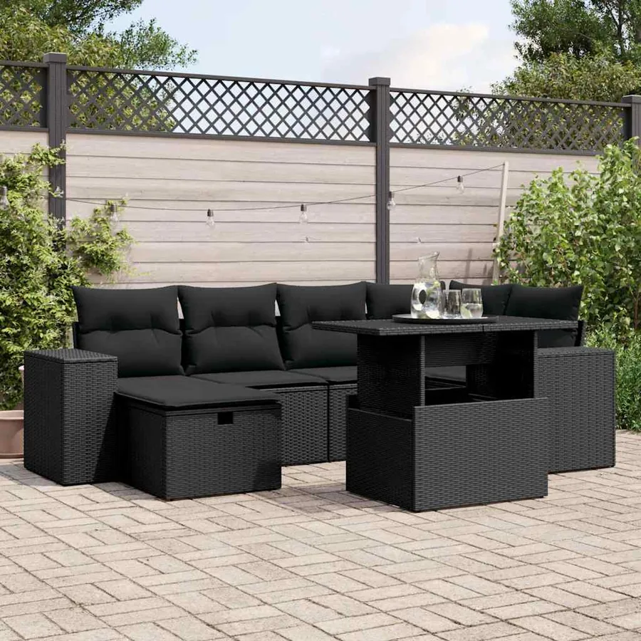 Salon de jardin 7 pcs avec coussins noir résine tressée 62 x 62 x 69 cm - 68,0 kg