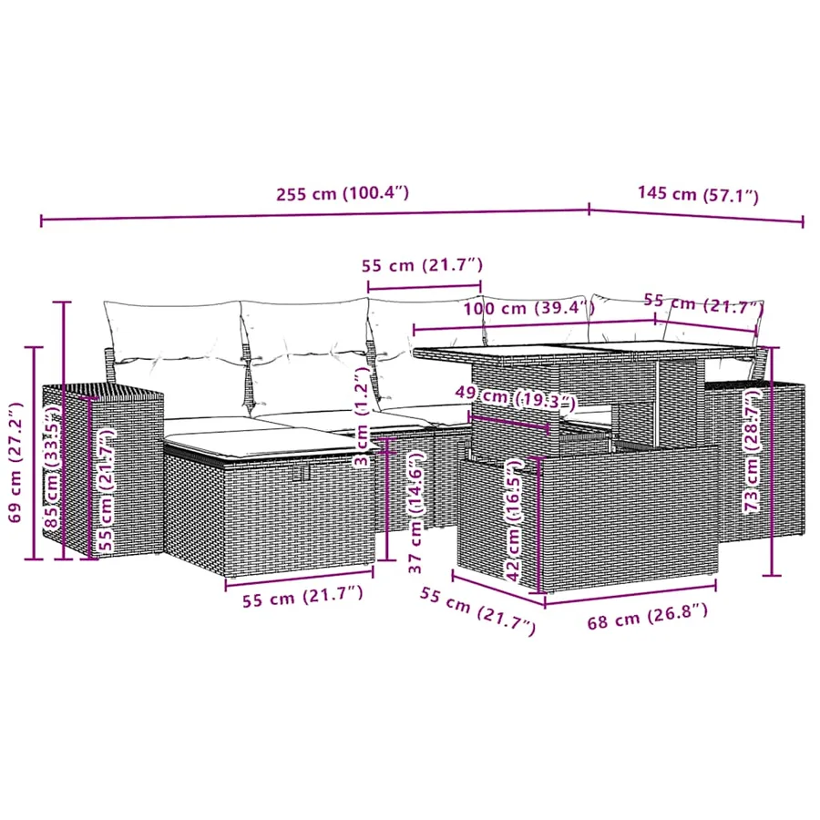 Salon de jardin 7 pcs avec coussins noir résine tressée 62 x 62 x 69 cm - 68,0 kg - 13