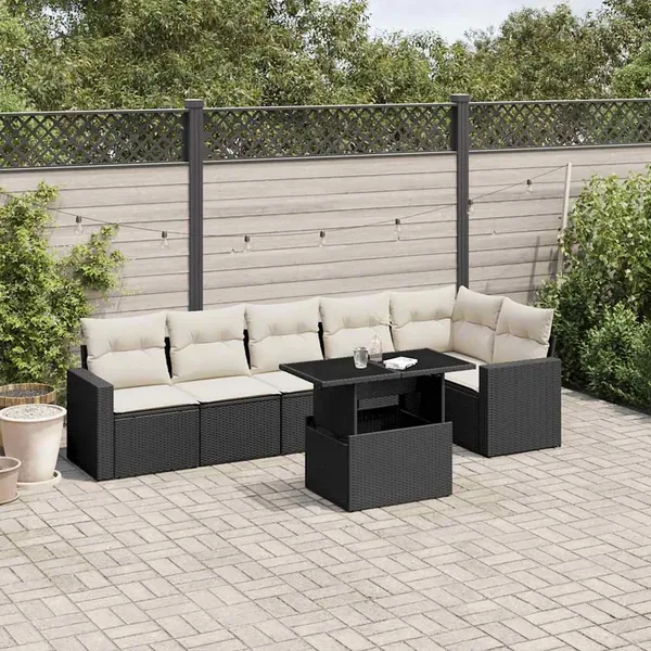 Salon de jardin 7 pcs avec coussins noir résine tressée 62 x 62 x 69 cm - 63,4 kg