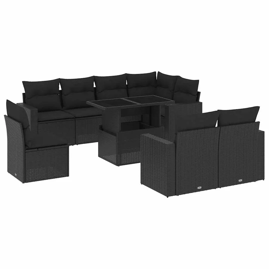 Salon de jardin 9 pcs avec coussins noir résine tressée - 2