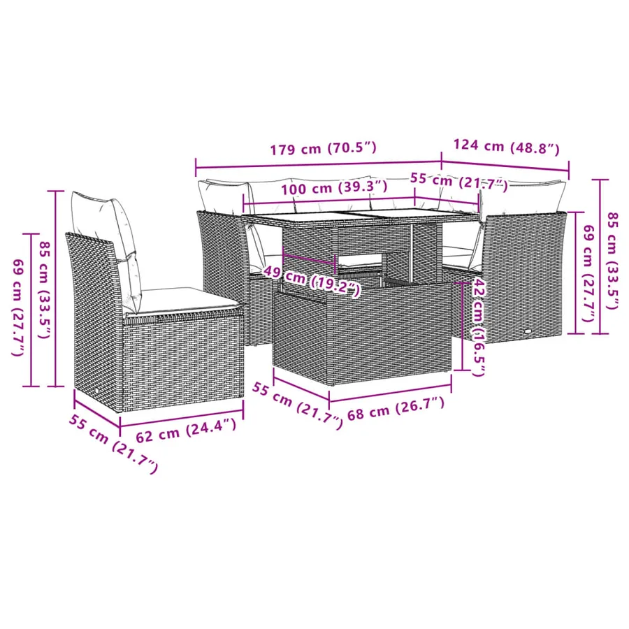 Salon de jardin 6 pcs avec coussins noir résine tressée - 8