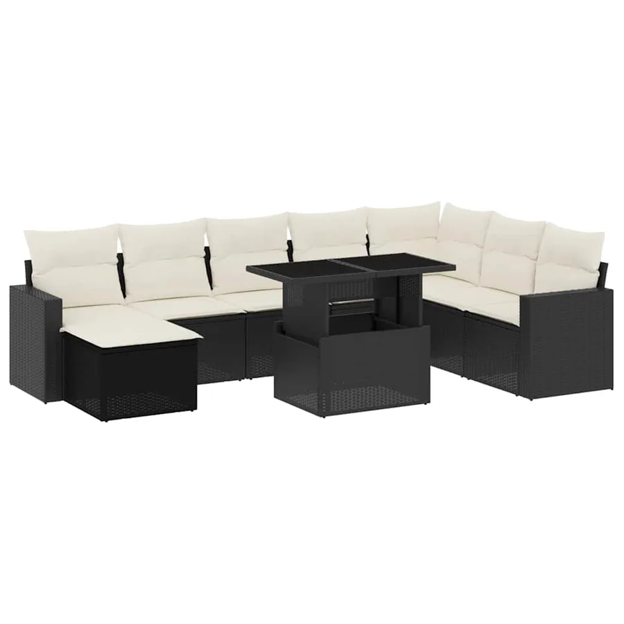 Salon de jardin 9 pcs avec coussins noir résine tressée - 2