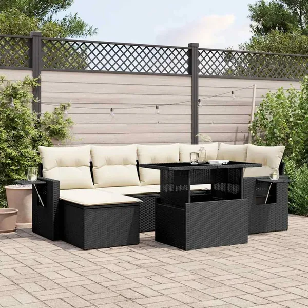 Salon de jardin 7 pcs avec coussins noir résine tressée 62 x 62 x 69 cm - 65,4 kg