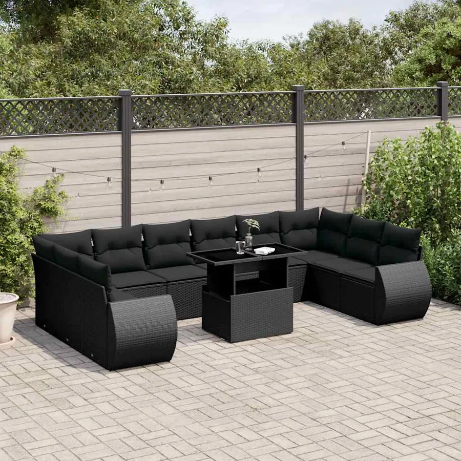Salon de jardin 11 pcs avec coussins noir résine tressée