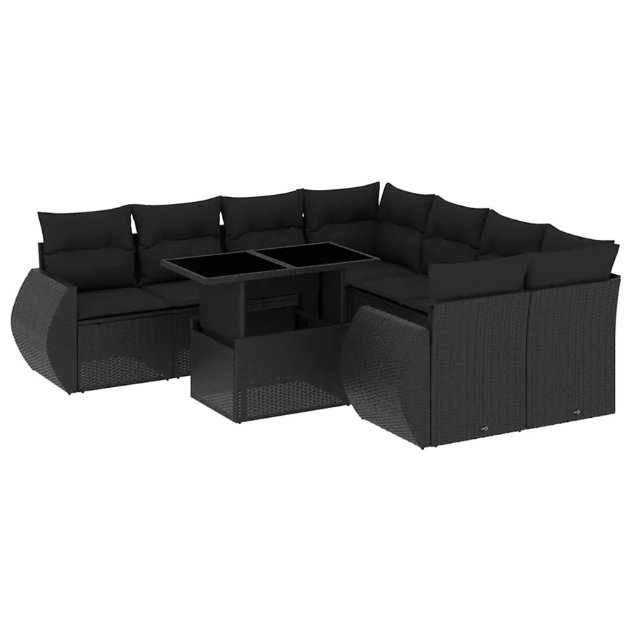 Salon de jardin 9 pcs avec coussins noir résine tressée - 2