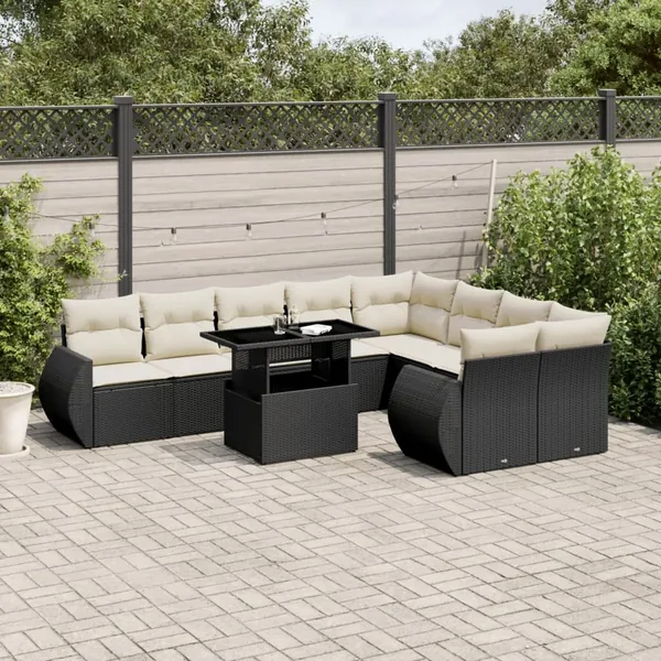 Salon de jardin 10 pcs avec coussins noir résine tressée
