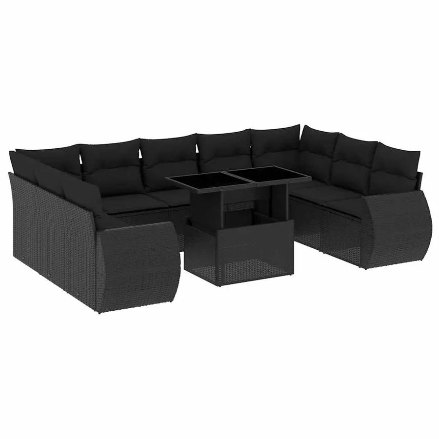 Salon de jardin 10 pcs avec coussins noir résine tressée - 2