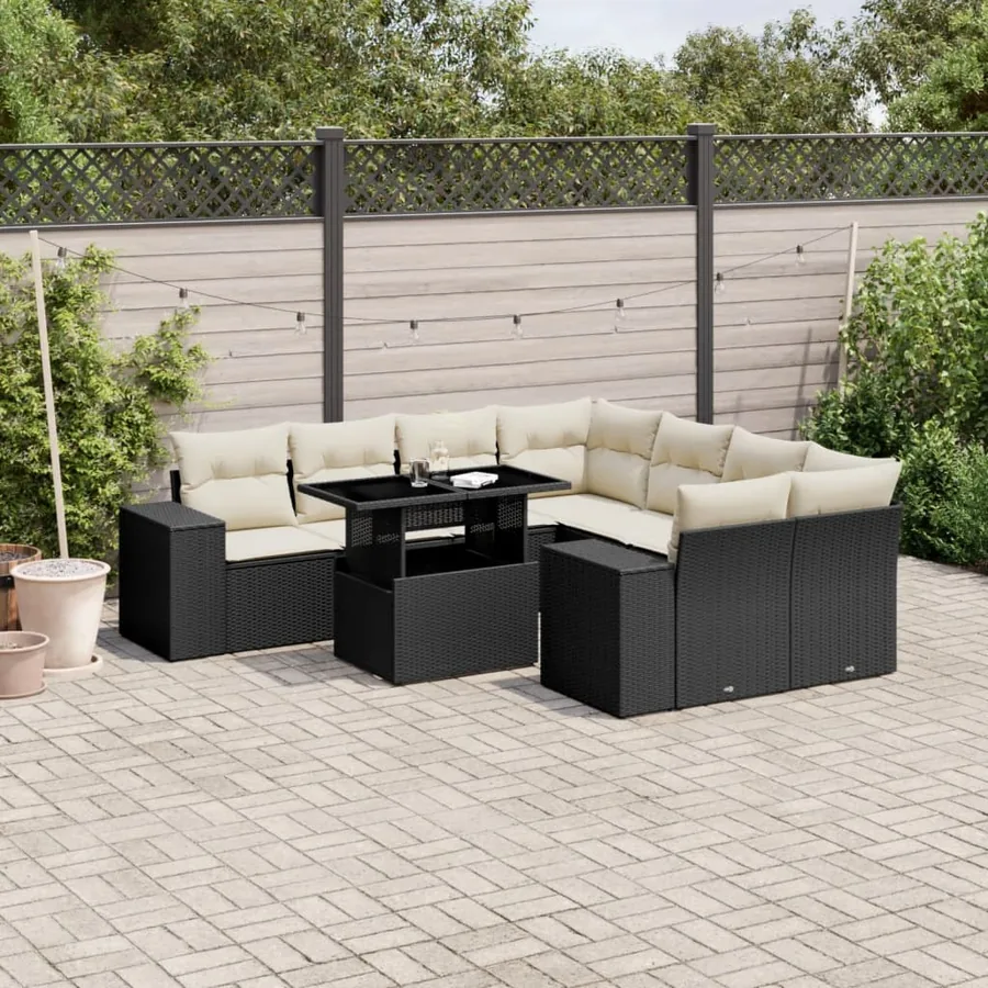 Salon de jardin 9 pcs avec coussins noir résine tressée