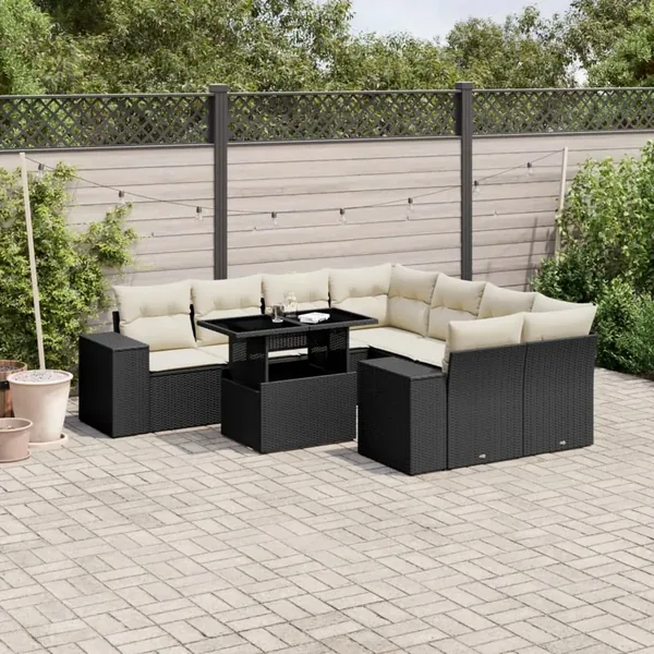 Salon de jardin 9 pcs avec coussins noir résine tressée