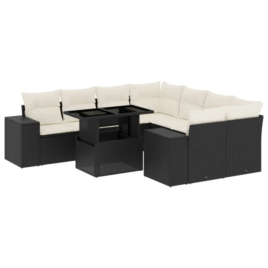 Salon de jardin 9 pcs avec coussins noir résine tressée - 2