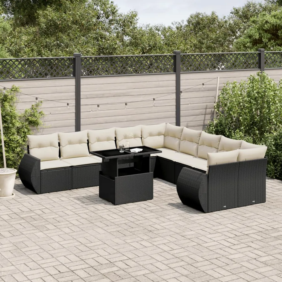 Salon de jardin 11 pcs avec coussins noir résine tressée
