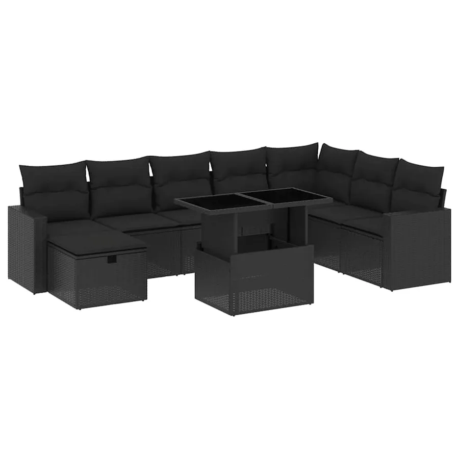Salon de jardin 9 pcs avec coussins noir résine tressée - 2