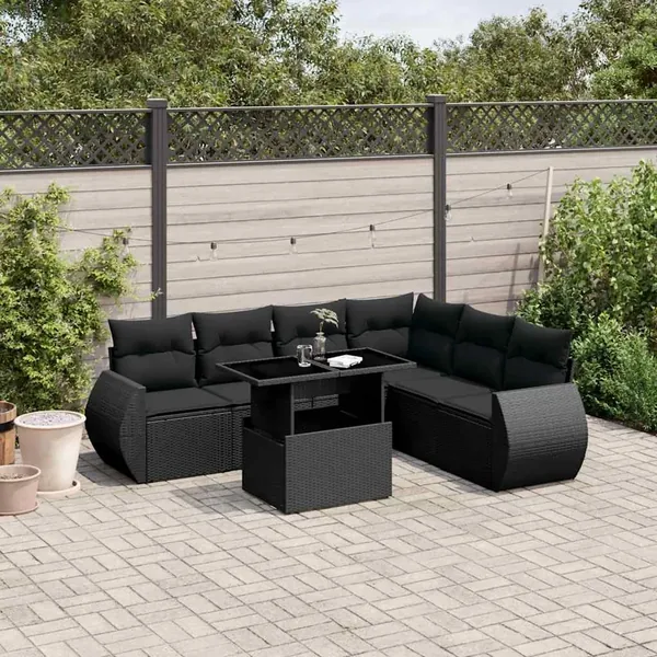 Salon de jardin 7 pcs avec coussins noir résine tressée 62 x 62 x 69 cm - 63,7 kg