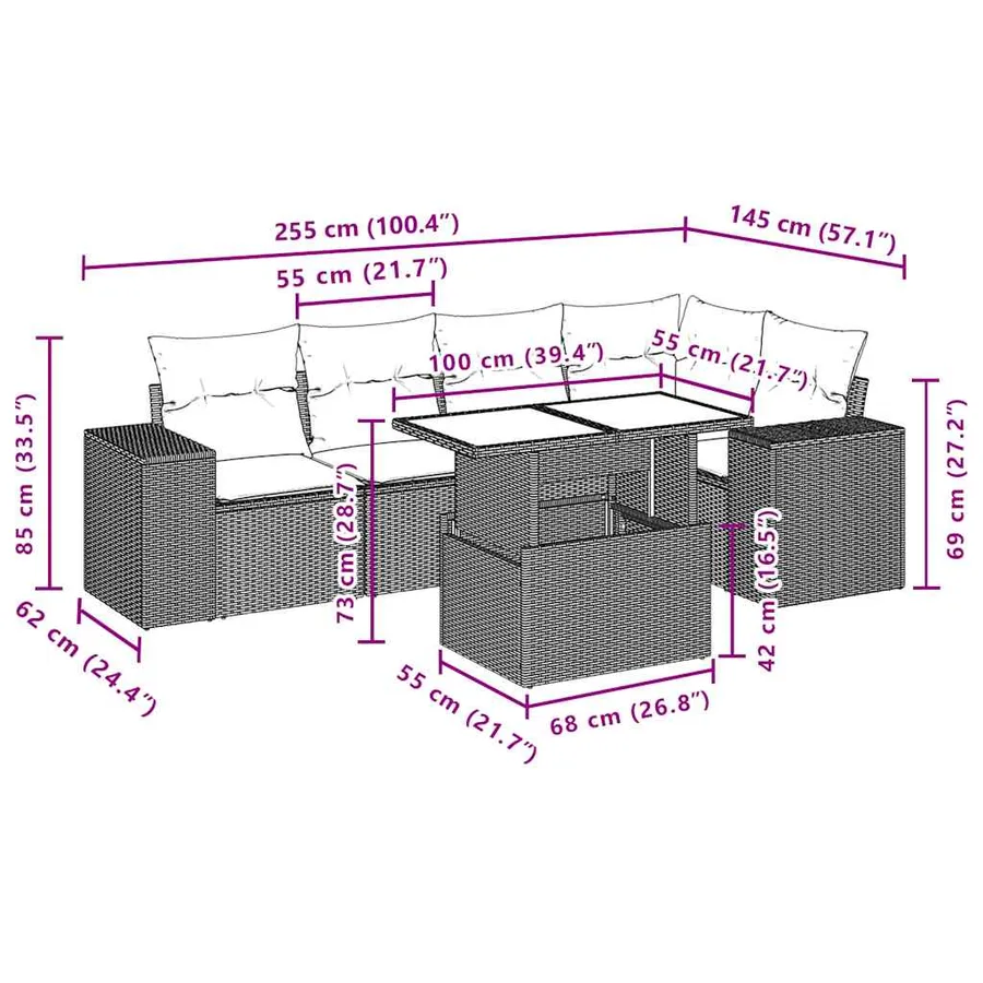 Salon de jardin 6 pcs avec coussins noir résine tressée - 10