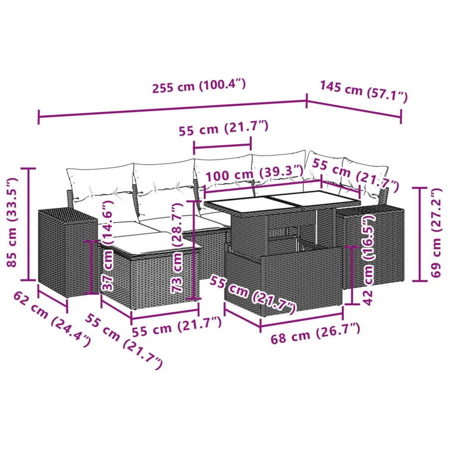 Salon de jardin 7 pcs avec coussins noir résine tressée 62 x 62 x 69 cm - 67,1 kg - 11