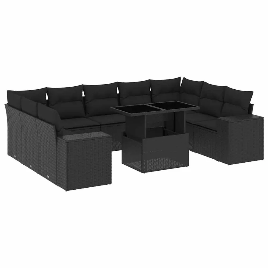 Salon de jardin 10 pcs avec coussins noir résine tressée - 2