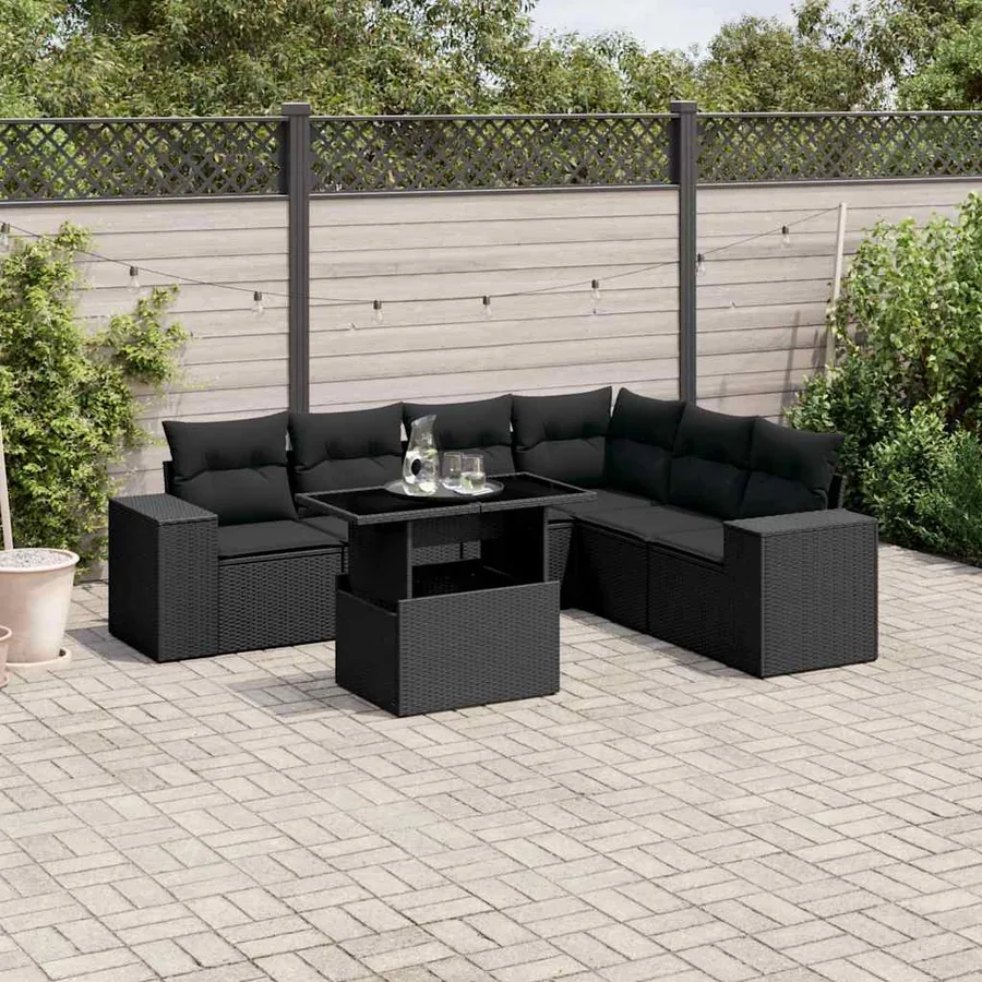 Salon de jardin 7 pcs avec coussins noir résine tressée 62 x 62 x 69 cm - 66,5 kg