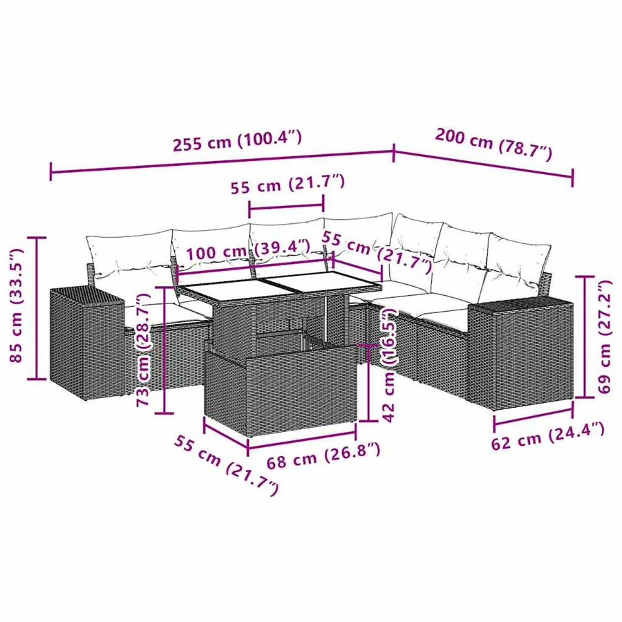 Salon de jardin 7 pcs avec coussins noir résine tressée 62 x 62 x 69 cm - 66,5 kg - 10
