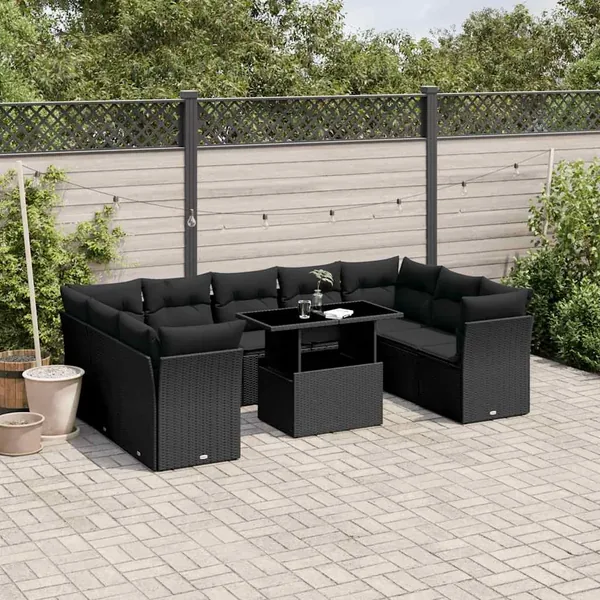 Salon de jardin 10 pcs avec coussins noir résine tressée