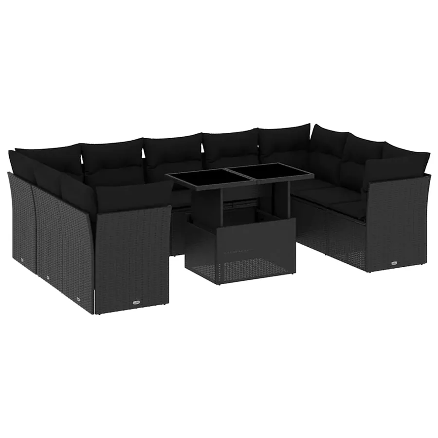 Salon de jardin 10 pcs avec coussins noir résine tressée - 2
