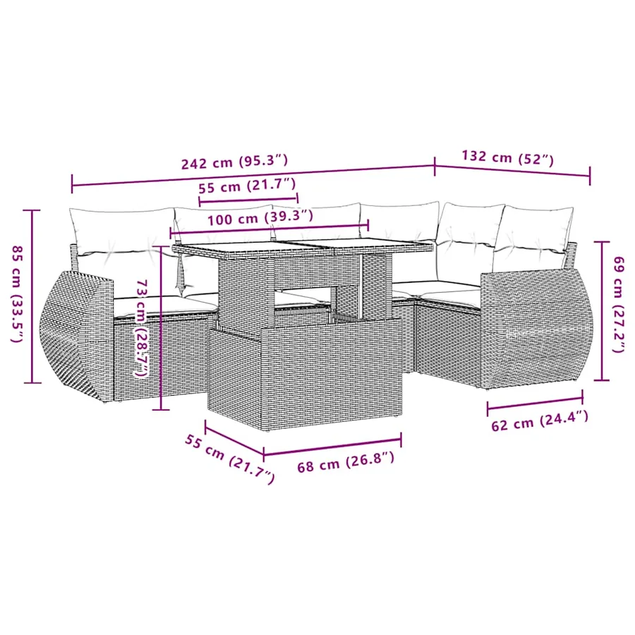 Salon de jardin 6 pcs avec coussins noir résine tressée - 10