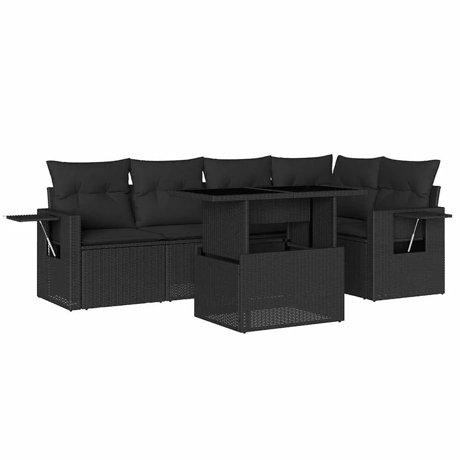 Salon de jardin 6 pcs avec coussins noir résine tressée - 2