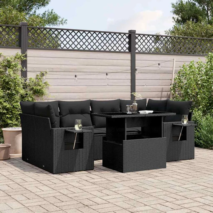 Salon de jardin 7 pcs avec coussins noir résine tressée 62 x 62 x 69 cm - 68,1 kg