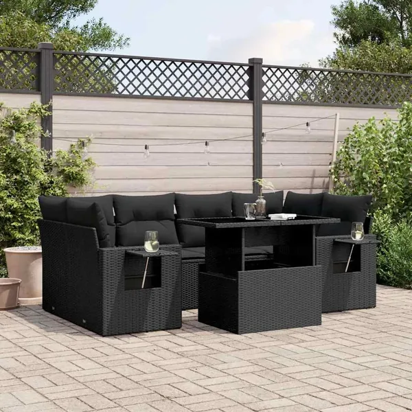 Salon de jardin 7 pcs avec coussins noir résine tressée 62 x 62 x 69 cm - 68,1 kg