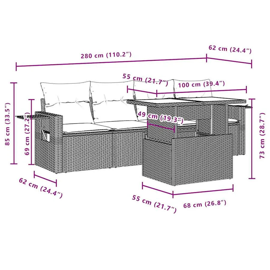 Salon de jardin 7 pcs avec coussins noir résine tressée 62 x 62 x 69 cm - 68,1 kg - 11