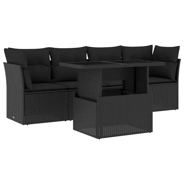 Salon de jardin 5 pcs avec coussins noir résine tressée