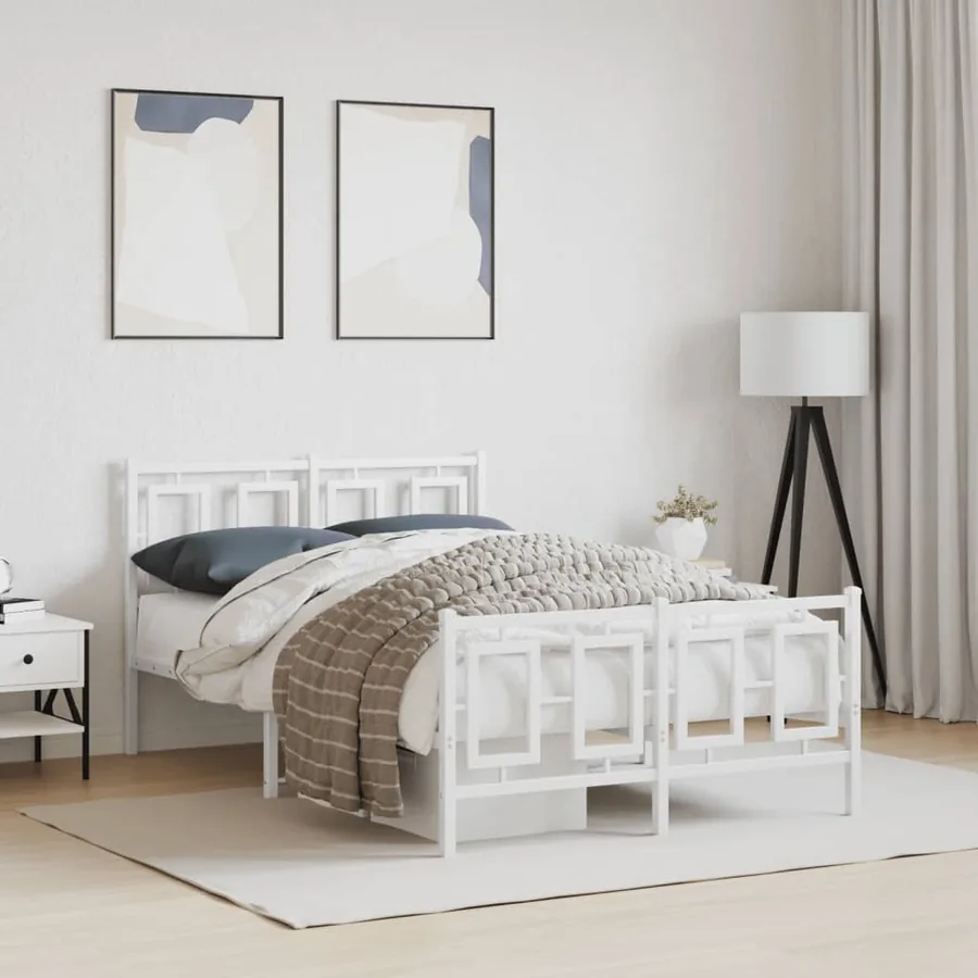 Cadre de lit métal sans matelas et pied de lit blanc 120x190 cm