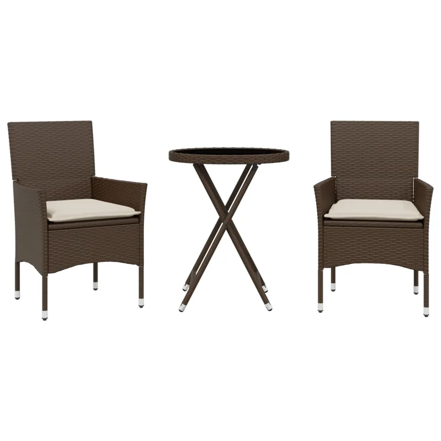 Ensemble de bistro avec coussins 3 pcs marron rotin et verre - 2