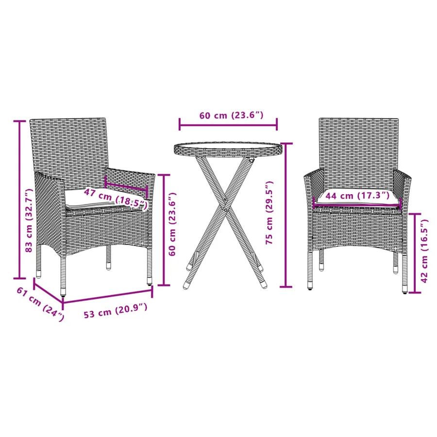 Ensemble de bistro avec coussins 3 pcs marron rotin et verre - 7