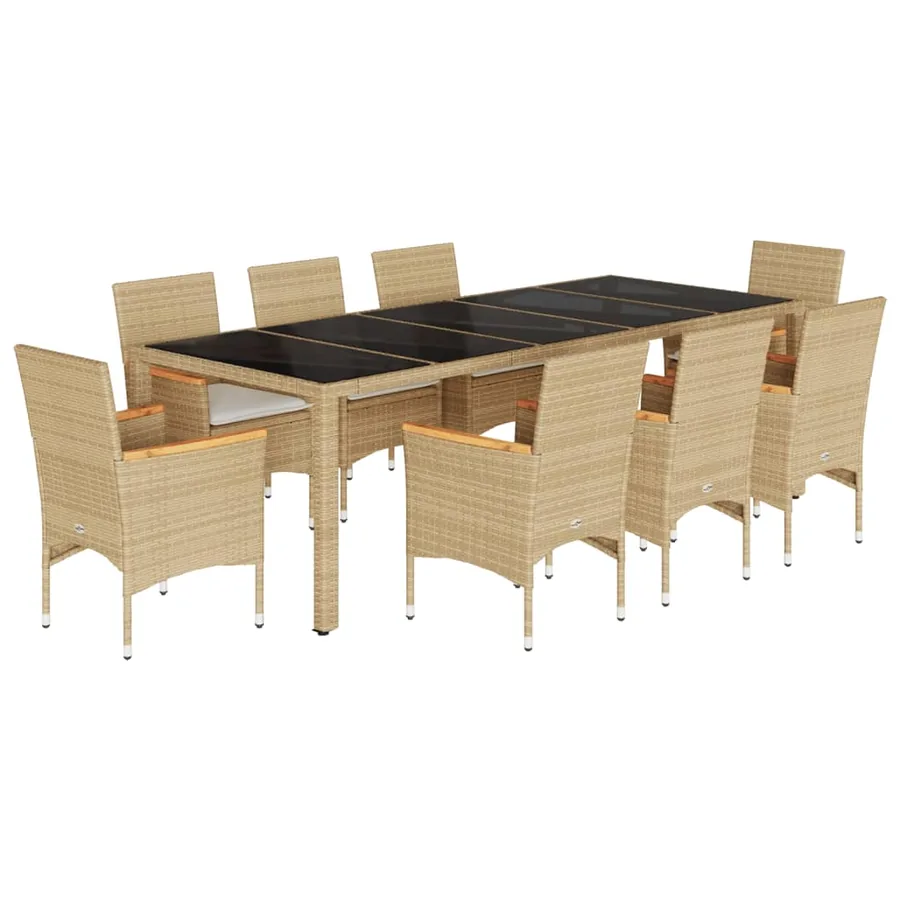 Ensemble à manger de jardin et coussins 9 pcs beige rotin verre - 2