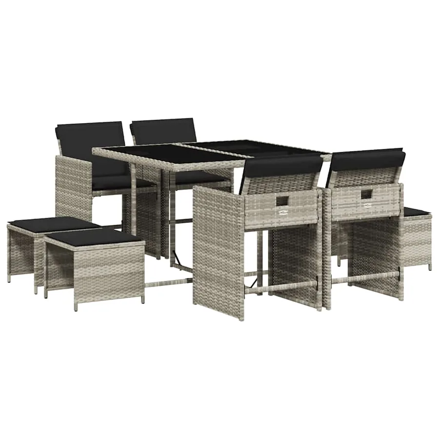 Ensemble à manger de jardin et coussins 9 pcs gris clair rotin - 2
